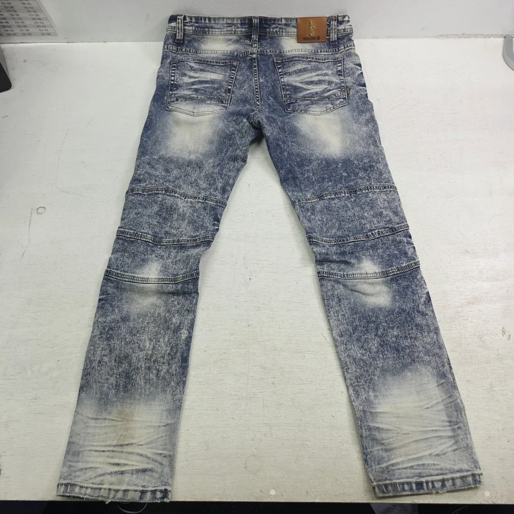 Makobi Biker Jeans Men's Size 36x32 Acid Wash Distressed Paint Splatter Moto
